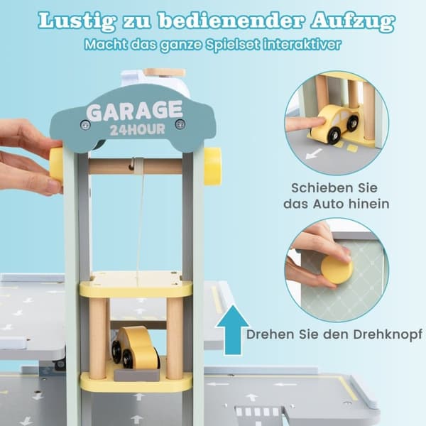 Parkeringshus i tre med 3 etasjer og 4 biler og heis parkeringshus bilgarasje leketøy for barn fra 3 år.