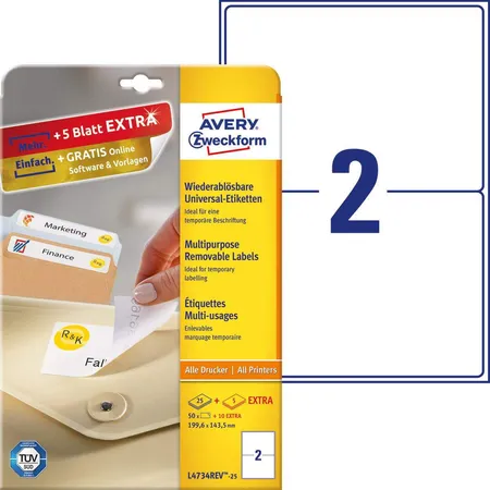 Avery Zweckform L4734REV-25 Universal-Etiketten,A4 199,6 x 143,5 mm, 30 Bogen/60 Etiketten, weiß
