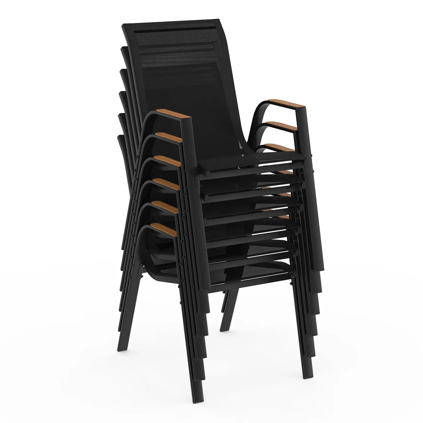 Salon de jardin NOUMEA table 240 cm plateau effet bois et 10 chaises empilables noir et bois
