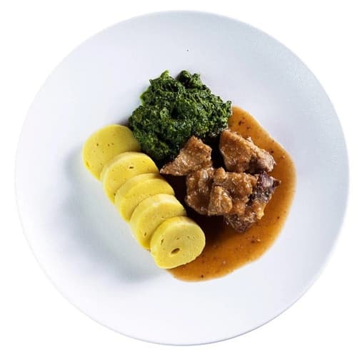 Gebratenes Schwein mit Kartoffelknödeln und Spinat von Jan Jan Bureš