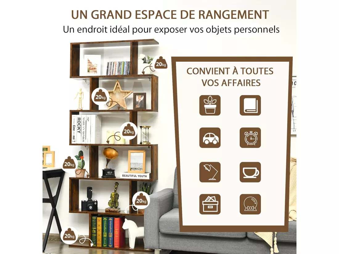 Bibliothèque Industriel en Forme de S, Étagère à 6 Niveaux, Meuble de Rangement avec Anti-basculement, 80 x 23 x 191 cm, pour Salon, Chambre, Bureau, Marron