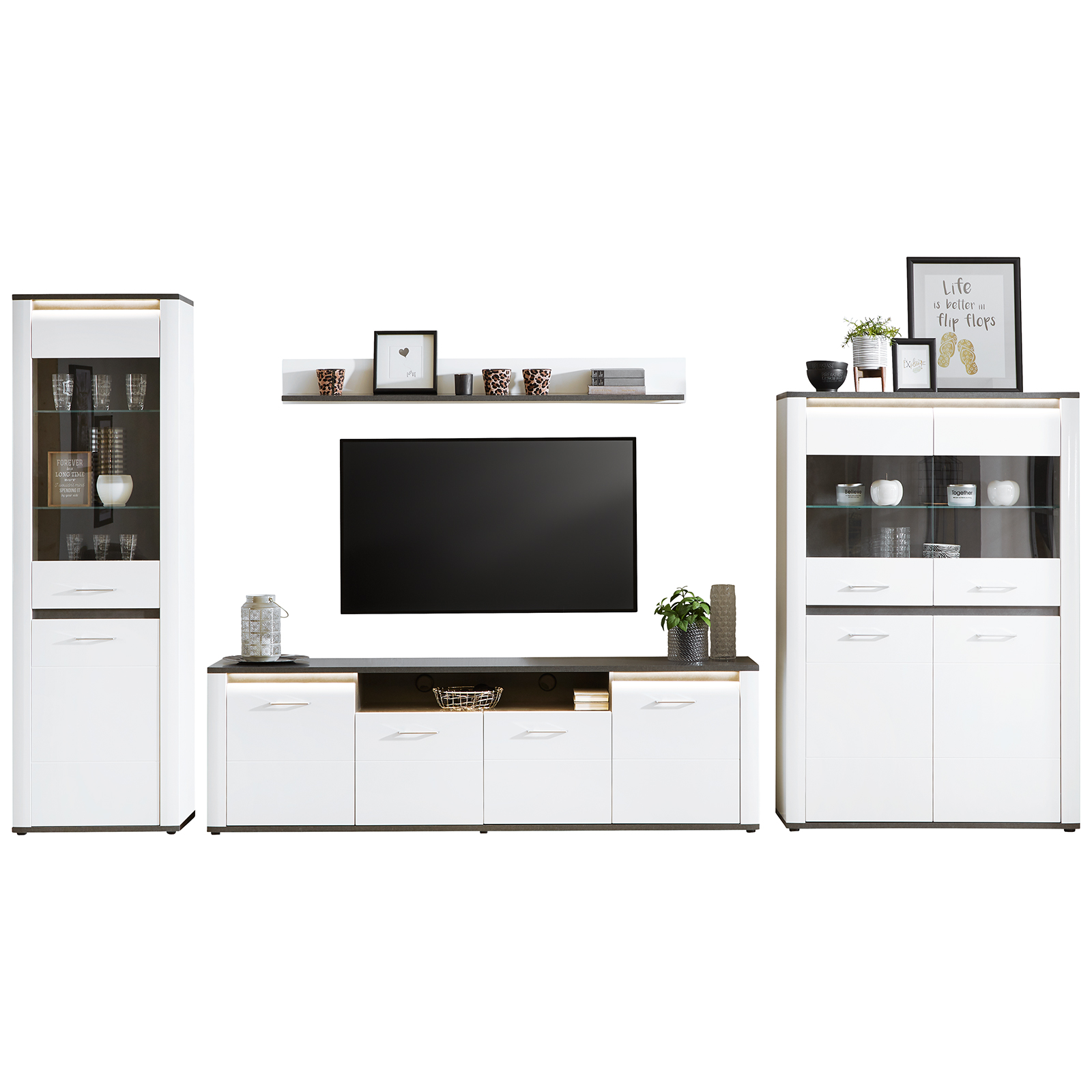 Luca Bessoni Standvitrine ALASSIO - weiß Hochglanz - Matera dunkel - 62 cm