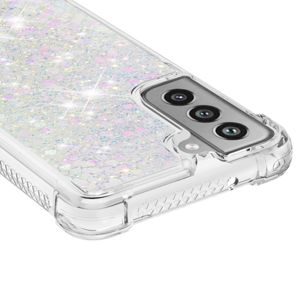 Samsung Galaxy S21 FE 5G Hardcase Hülle mit Air Cushion Fallschutz Liquid Case Glitzer Herzen - Silber/ Rosa / Transparent