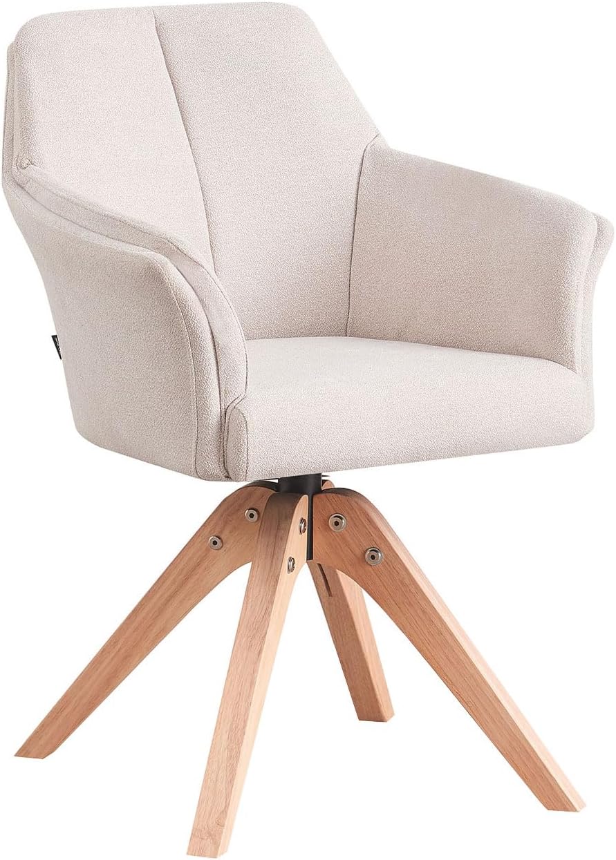 B&D home® Esszimmerstuhl Daisy drehbar – mit Armlehnen, 360° Drehfunktion, Webstoff in Creme, Massivholzgestell Natur, komfortabel gepolstert, skandinavisch, Loungesessel für Küche & Wohnzimmer