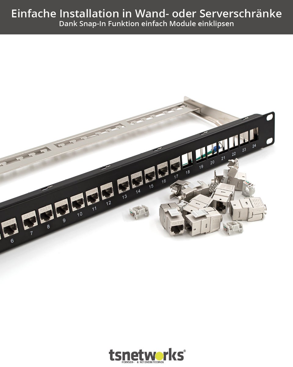 Patchpaneel met 24 poorten, 1U 19 inch, inclusief 24x Cat. 8.1 Keystone-modules, RJ45-aansluitingen, 40 Gbps STP, volledig afgeschermd, voor AWG22-24 installatiekabels (Cat. 7a, Cat. 7, Cat. 6, Cat. 6a). Netwerkpatchpaneelset.