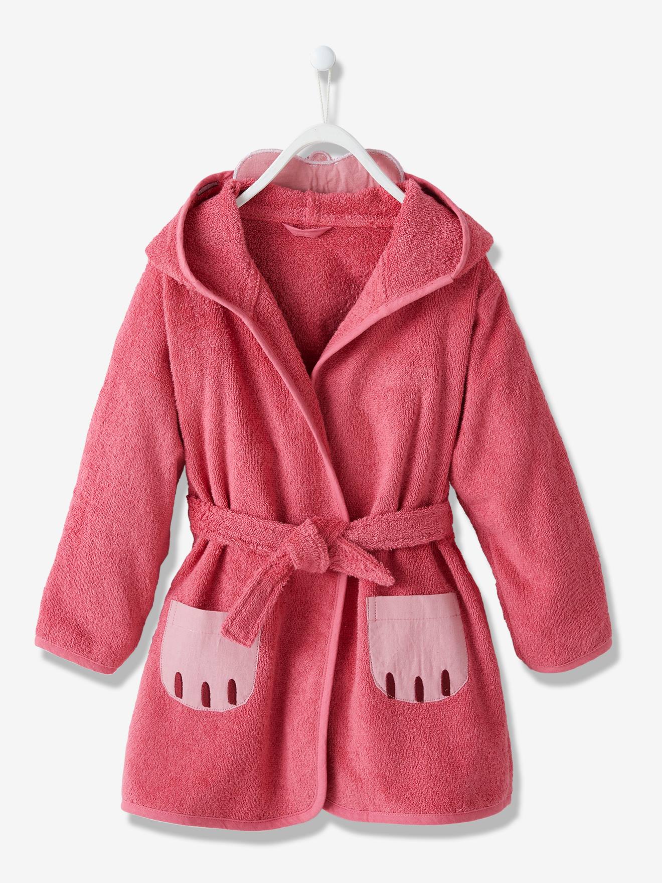 Roupão infantil liso rosa escuro com estampa de gato.