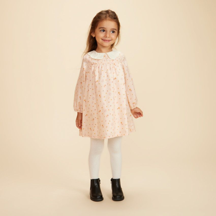 Robe manches longues col claudine imprimé fantaisie pour fille - Rose