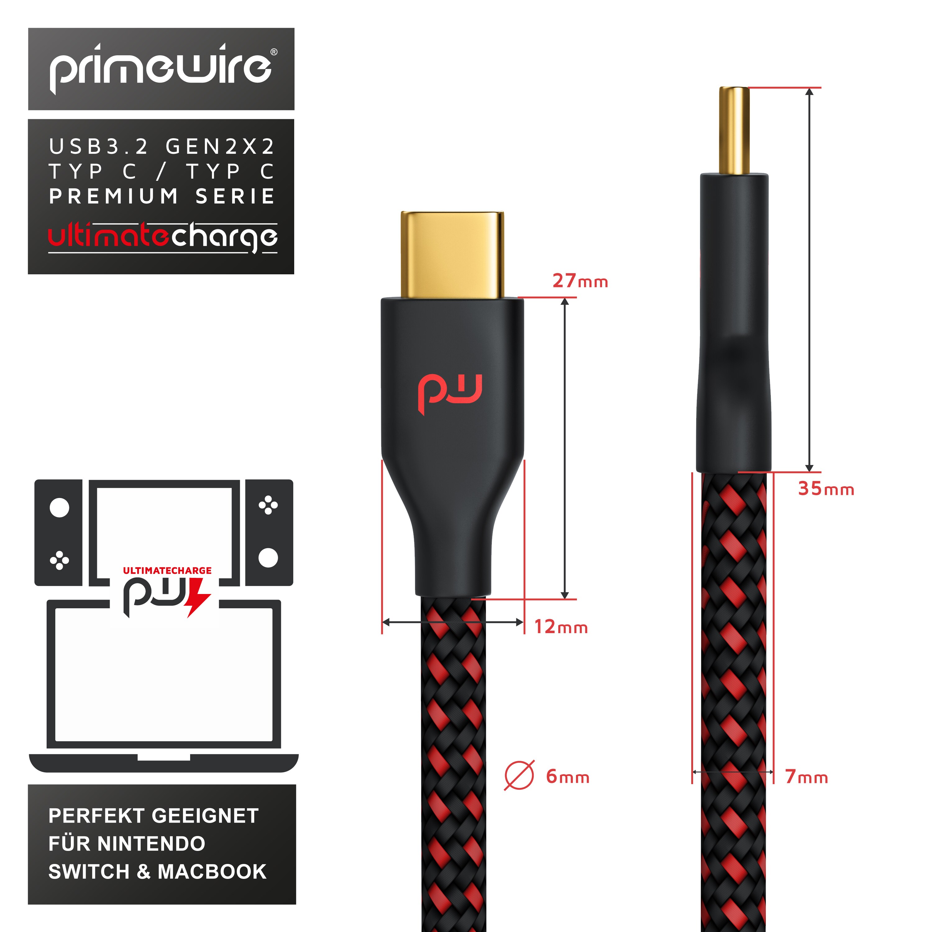 Primewire USB-C 3.1 zu USB C Gen 2 Kabel / Ladekabel / Datenkabel für Smartphone, Tablet - 1m