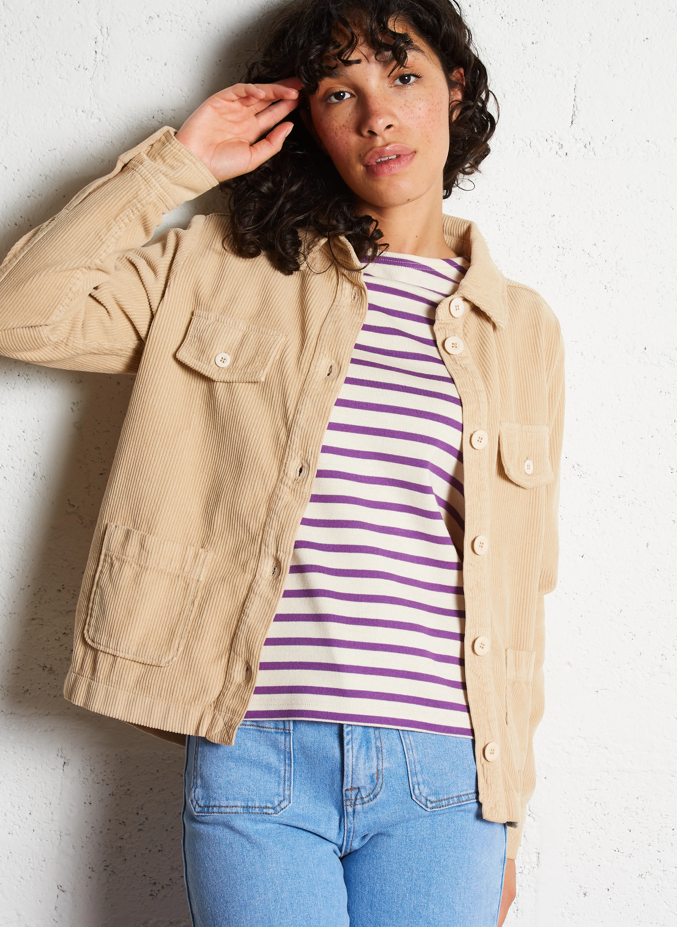 Veste droite col classique en coton | Beige