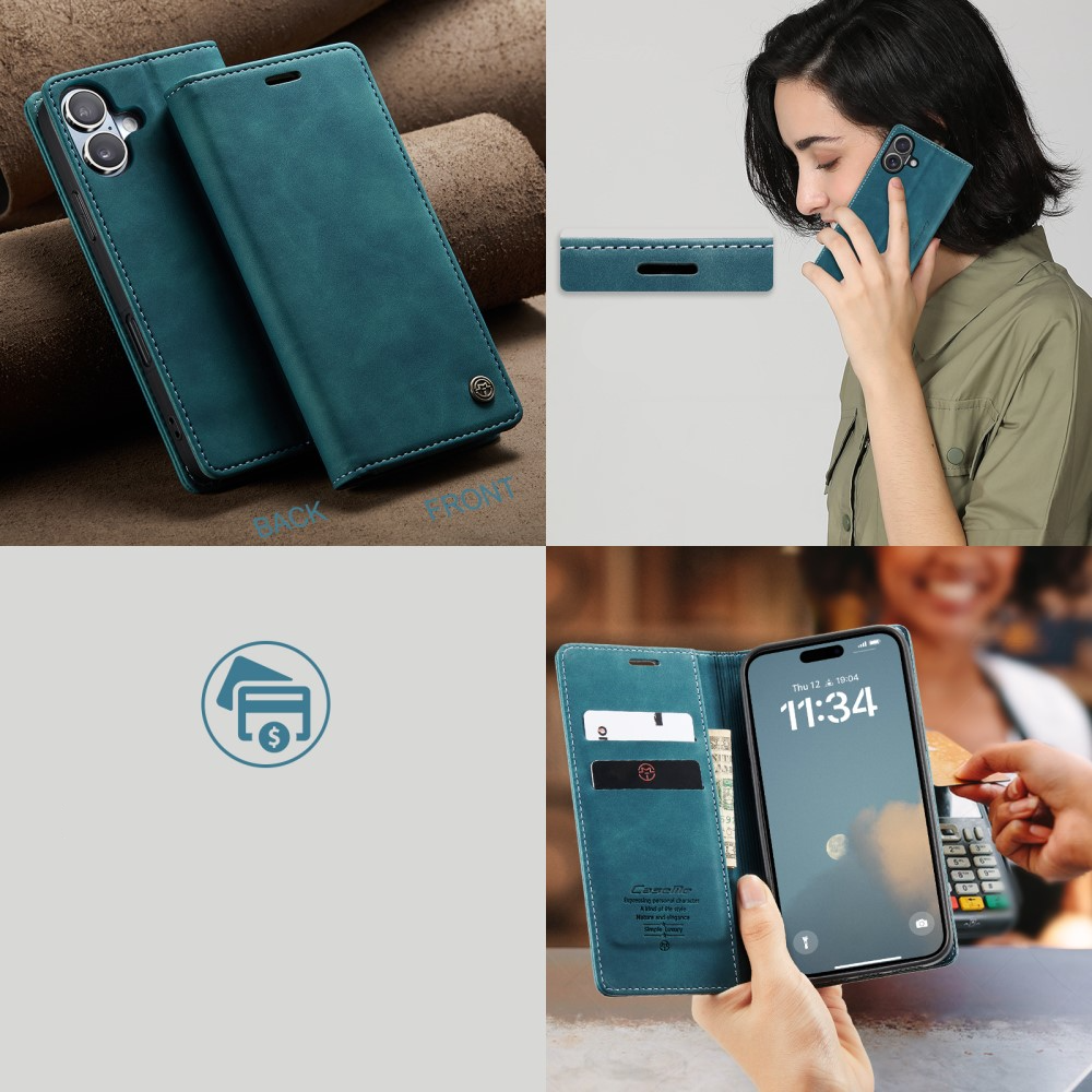 iPhone 16 Leder Tasche Flip Wallet Etui mit Kartenfächern - Blaugrün