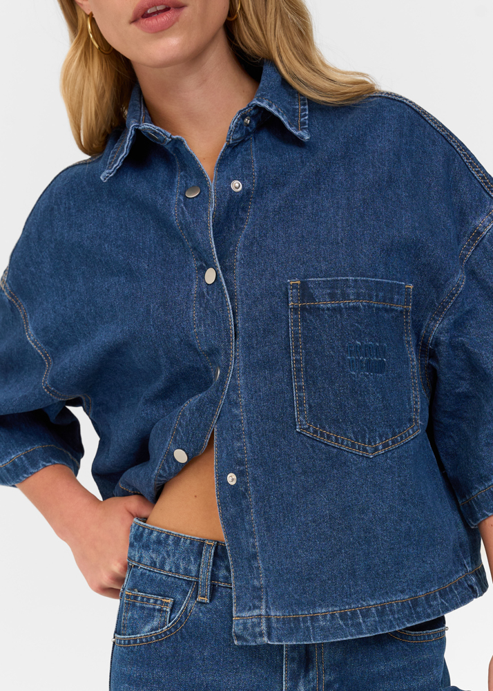 Denim blouse korte mouw indigo blauw
