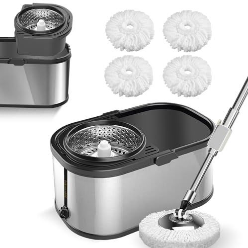 Swiftiron EasyWring draaidweil, 360° draaiende dweil en emmerset voor reiniging met extra dweilen, Trueclean dweilemmersysteem, vloerreiniger van microvezel met verstelbaar dweilsteel (zilverkleurig)