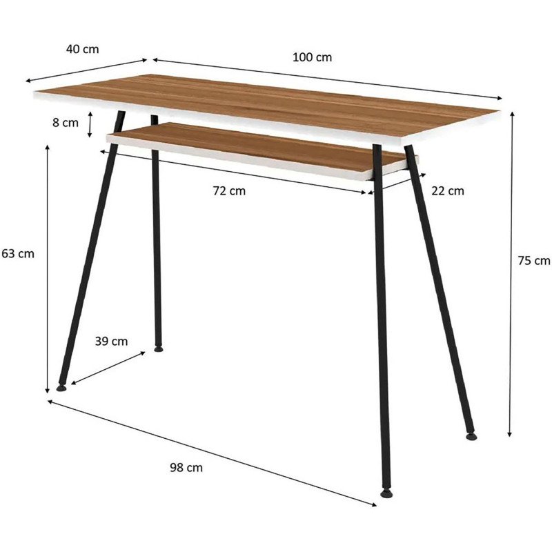Bureau télétravail LV1 H.75 x L.100 x P.40 cm plateau noyer piètement noir