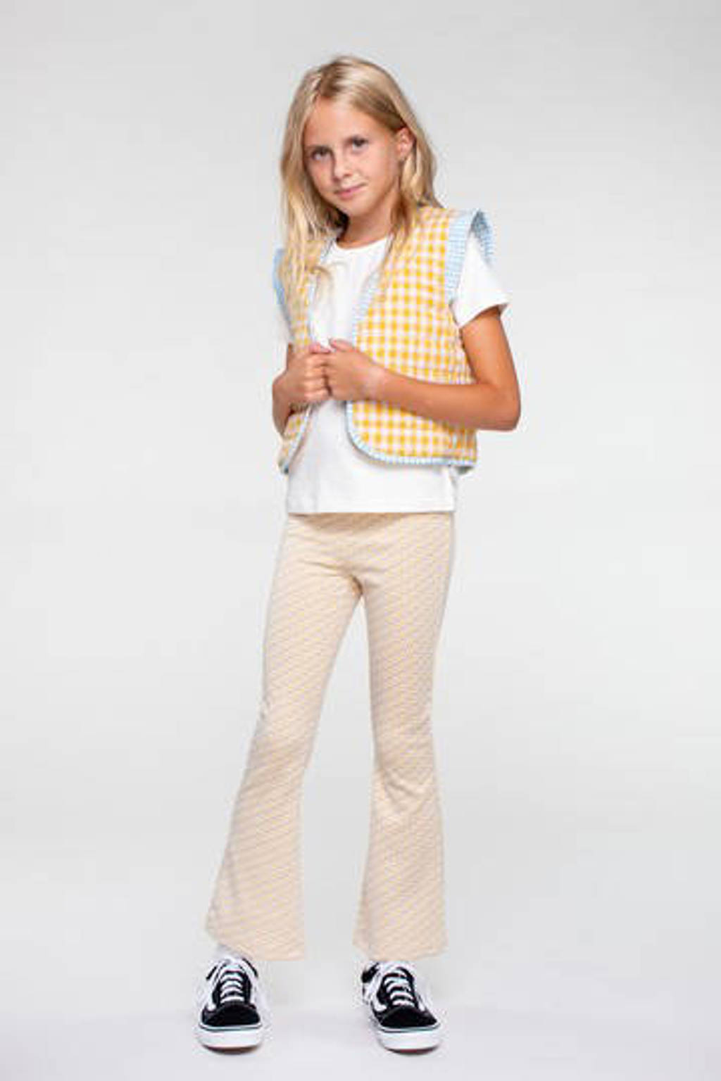 Moodstreet geruit reversible gilet lichtgeel/ecru/lichtblauw