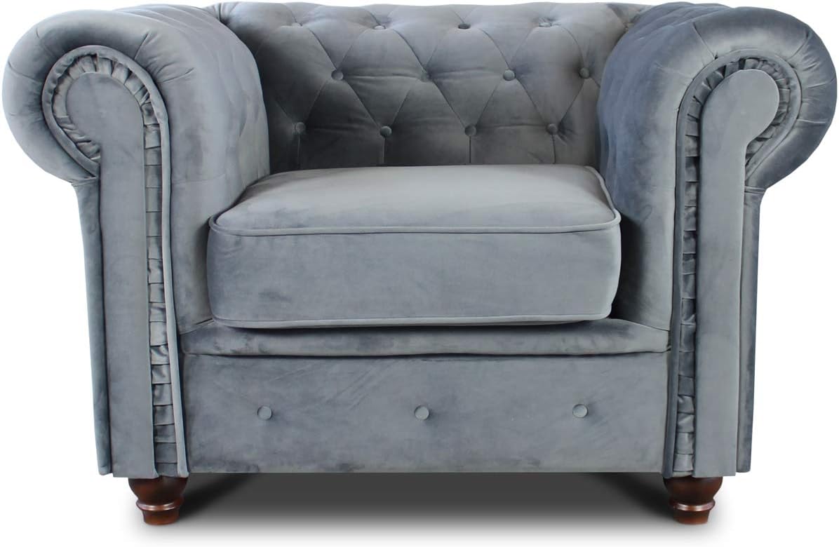 Sofnet Sessel Chesterfield Asti - Couch, Couchgarnitur, Couchsessel, Loungesessel, Stühl, Holzfüße - Glamour Design, Velours (Grau (Velvet 10))