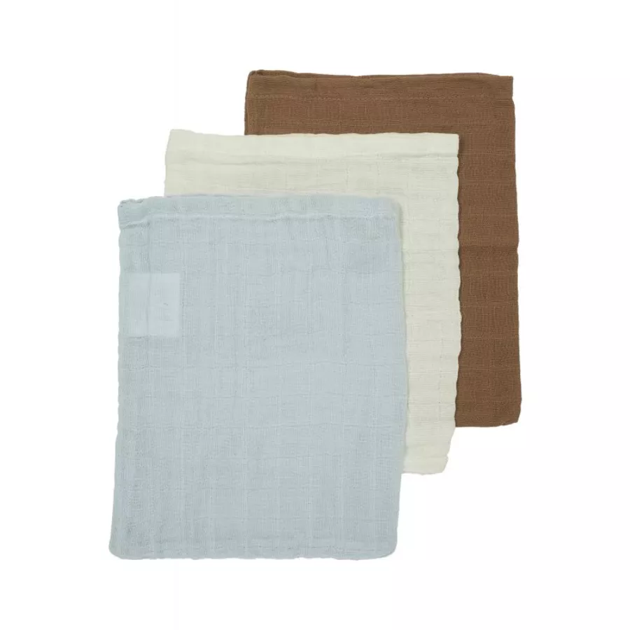 MEYCO Musselin Waschhandschuhe 3er-Pack Uni OffwhiteLight BlueToffee