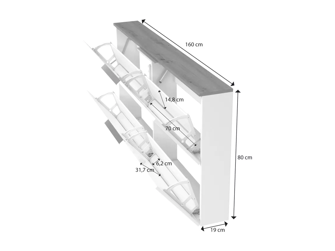 Meuble à chaussures Tubatse, Meuble à chaussures, Armoire d'entrée polyvalente, Rangement pour chaussures, Made in Italy, 160x19h80 cm, Blanc brillant et chêne