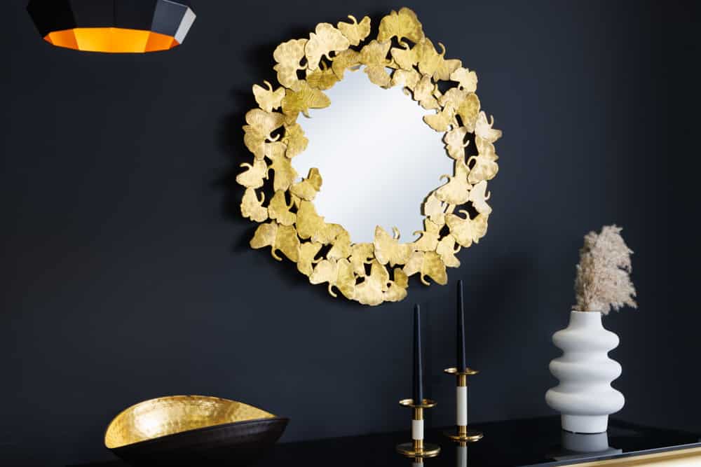 Dekorativer Wandspiegel GINKGO LEAFS L 70cm gold rund aus Metall handmade