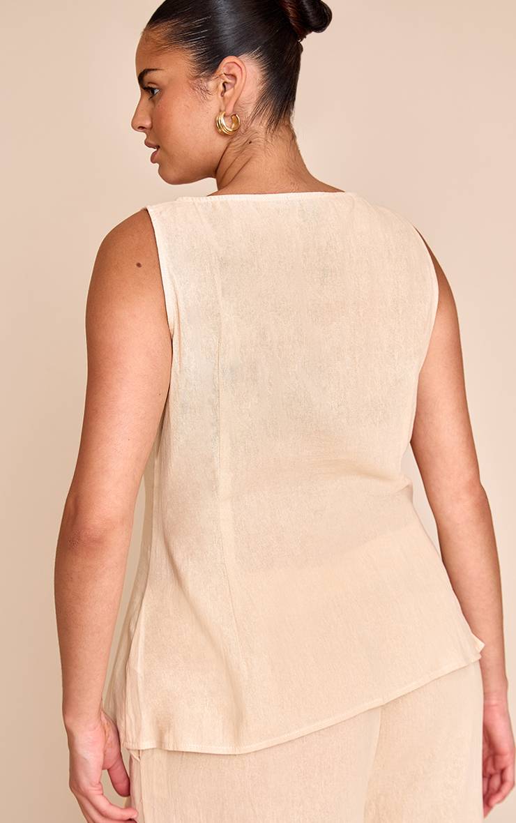 Sable Gilet Grande Taille Rayé Aspect Lin Col Bateau Avec Boutons Ensemble Coordonné