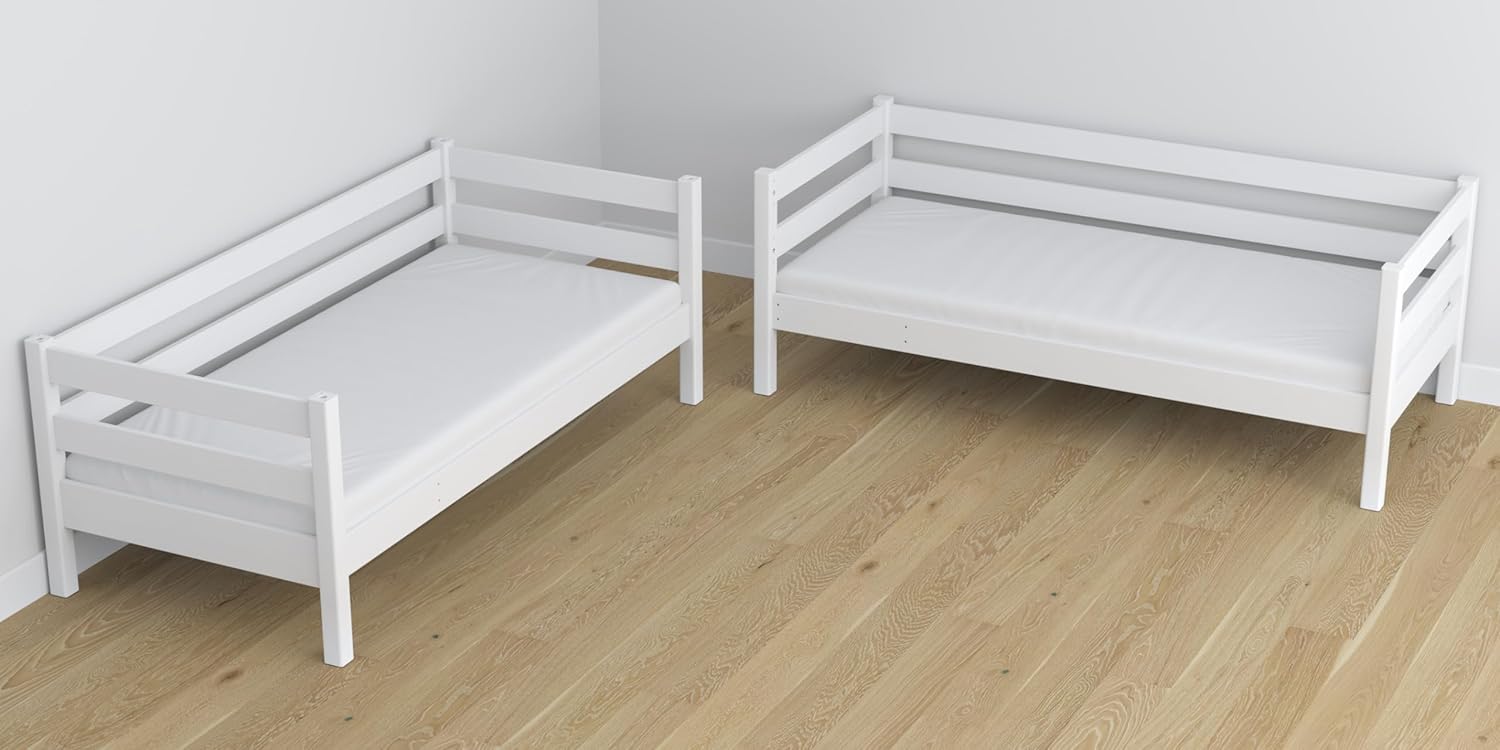 N01 Etagenbett mit Schublade 90x200 cm, Kinderbett mit Leiter, 2 Leitermontageseiten: Links oder rechts, abgerundete Kanten, Stabile Massivholzkonstruktion, Hochwertige Materialien, Weiß