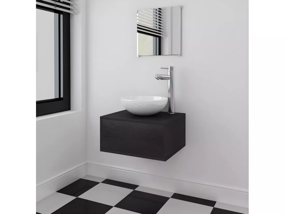 Meuble de salle de bain 4 pièces bois laqué noir Val