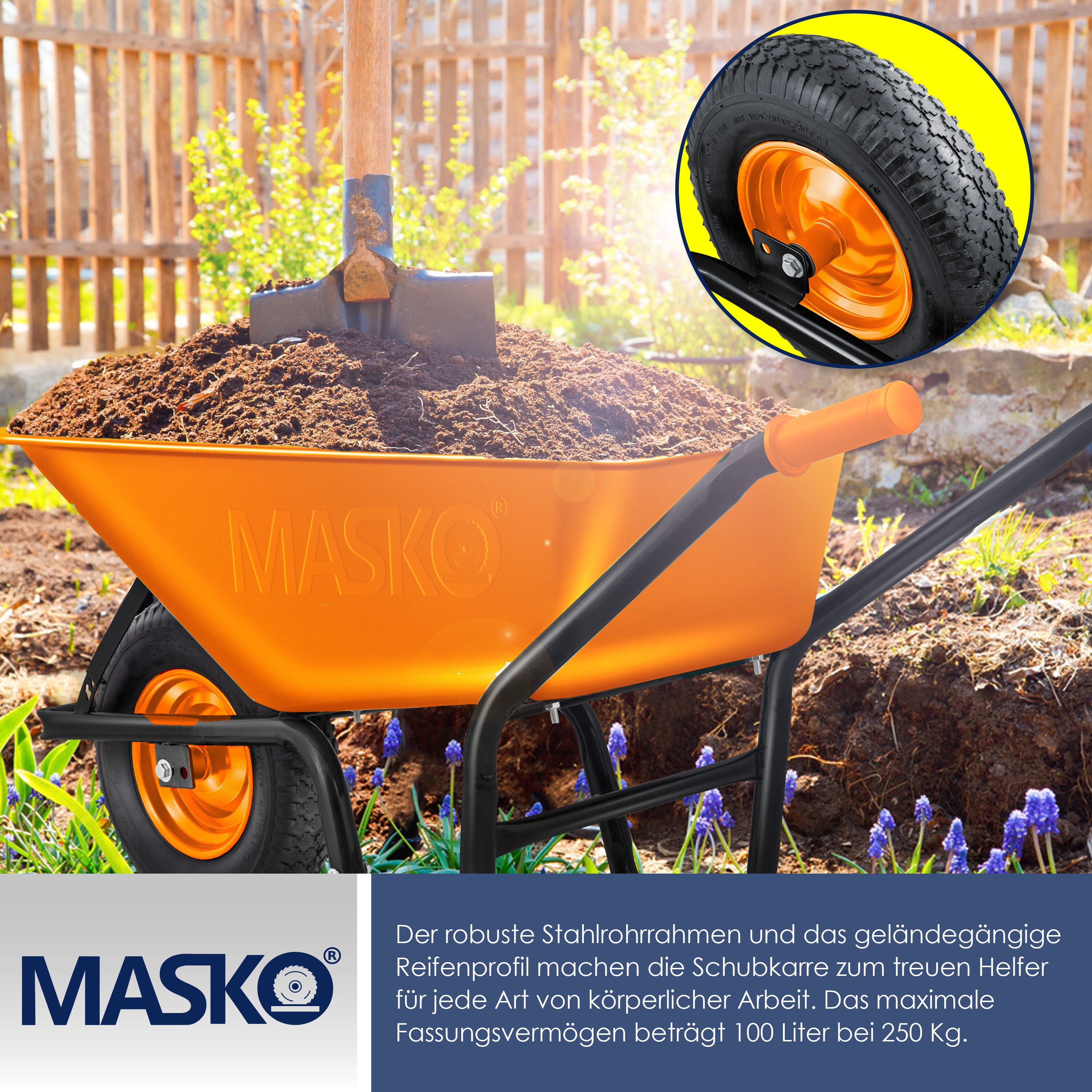 MASKO® Schubkarre Bauschubkarre Gartenschubkarre 100 Liter bis 250kg Luftreifen mit Stahlfelge verzinkt Stahlrahmen Garten Karre Schiebkarre Transportkarre inkl. Arbeitshandschuhe