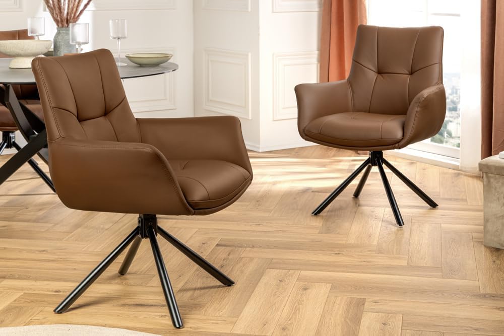 Riess Ambiente Drehbarer Design Stuhl Signature - Cognac - Echtleder 360° Armlehnstuhl mit Federkern schwarzes Metall modern
