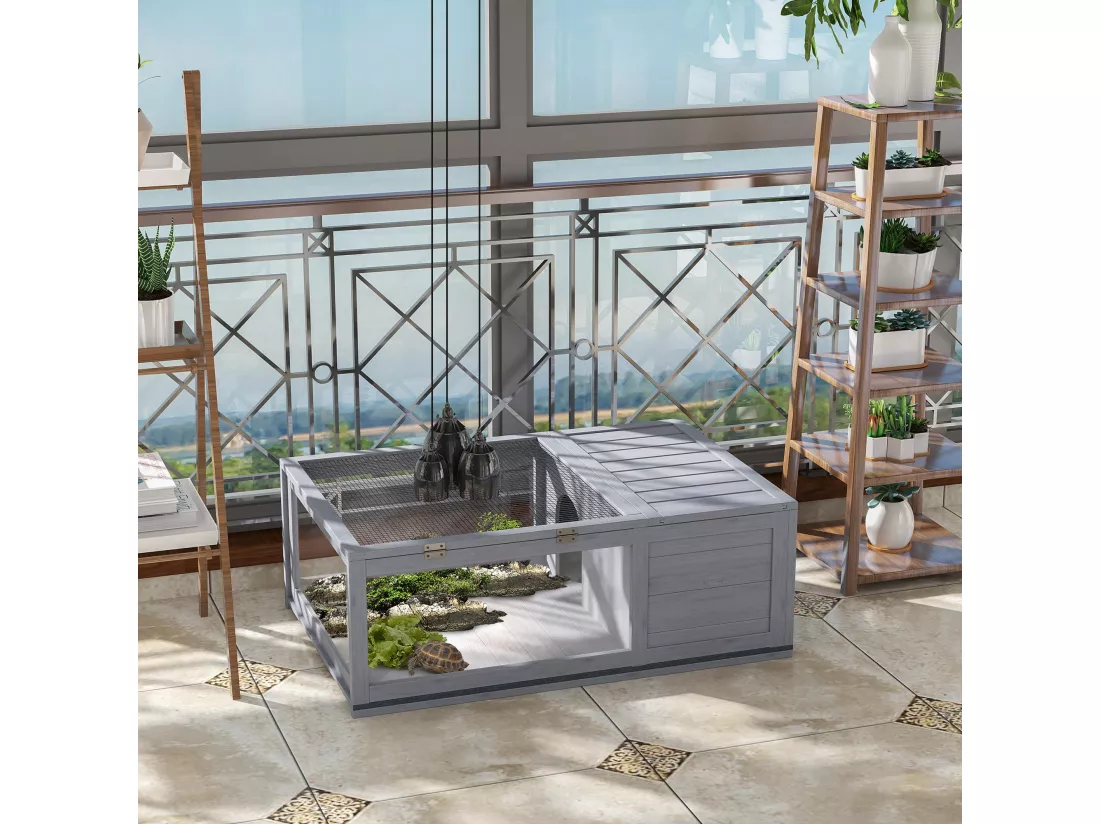Enclos pour tortue - parc pour tortue - niche, enclos extérieur, toits ouvrants verrouillables - plexiglas métal sapin gris
