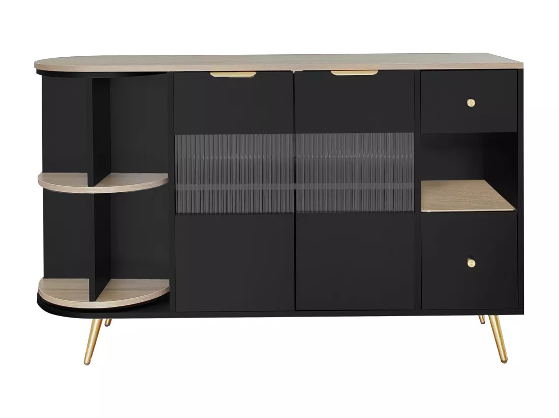 Buffet armoires de rangement effet bois et noir avec 2 portes battantes en verre éclairage LED poignets et pieds dorés RIPHRENS BLACK