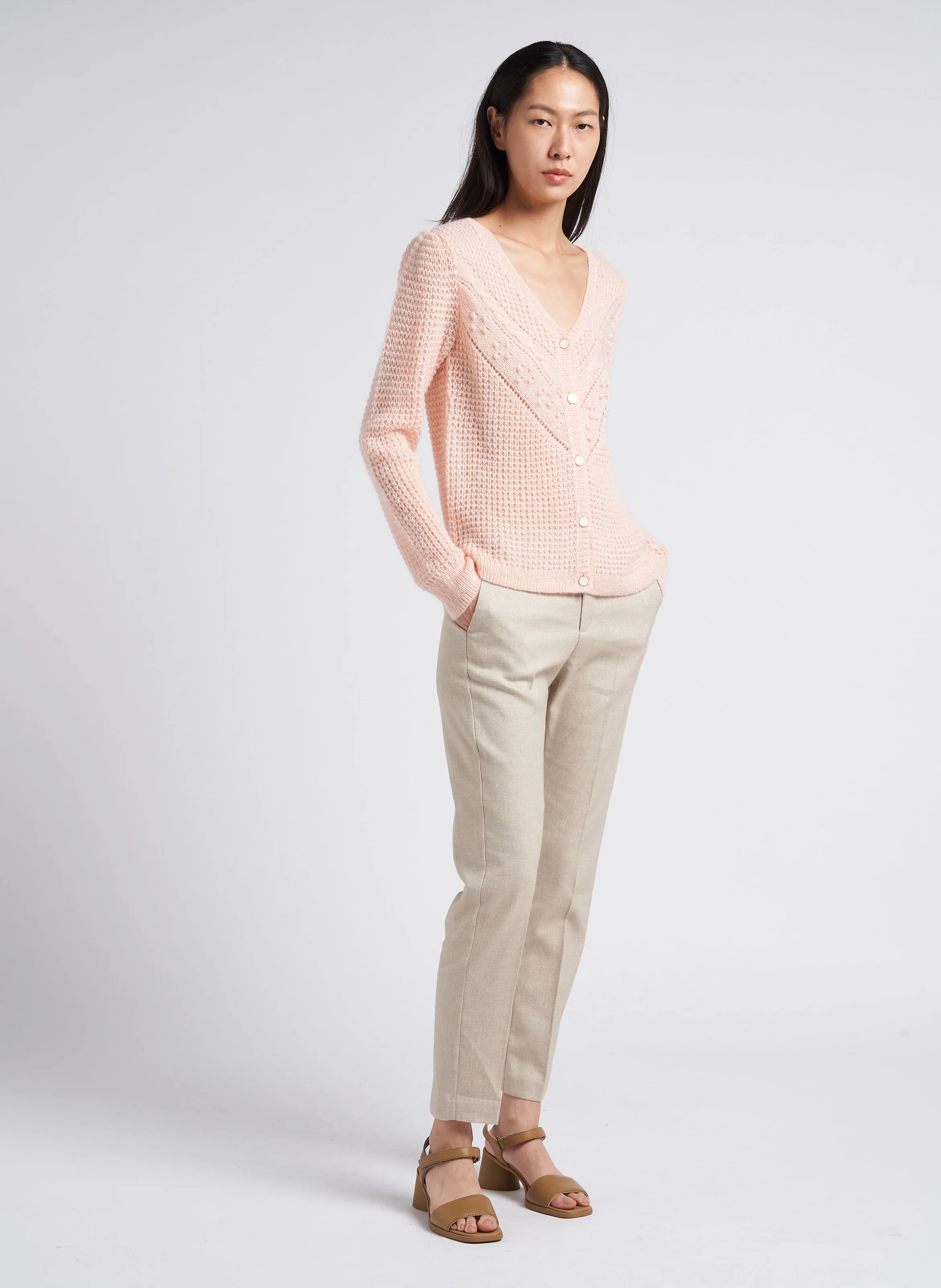 Pantalon chino taille haute avec fils métallisés | Beige
