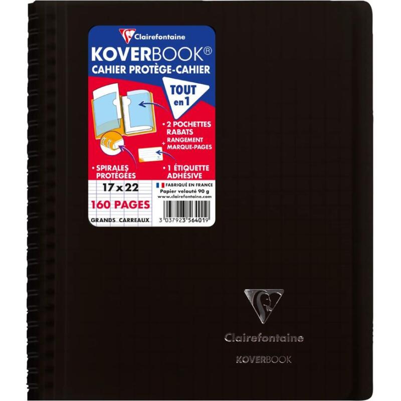 Cahier reliure intégrale enveloppante Koverbook 17x22cm 160 pages grands carreaux couverture polypropylène transparent - Assortis