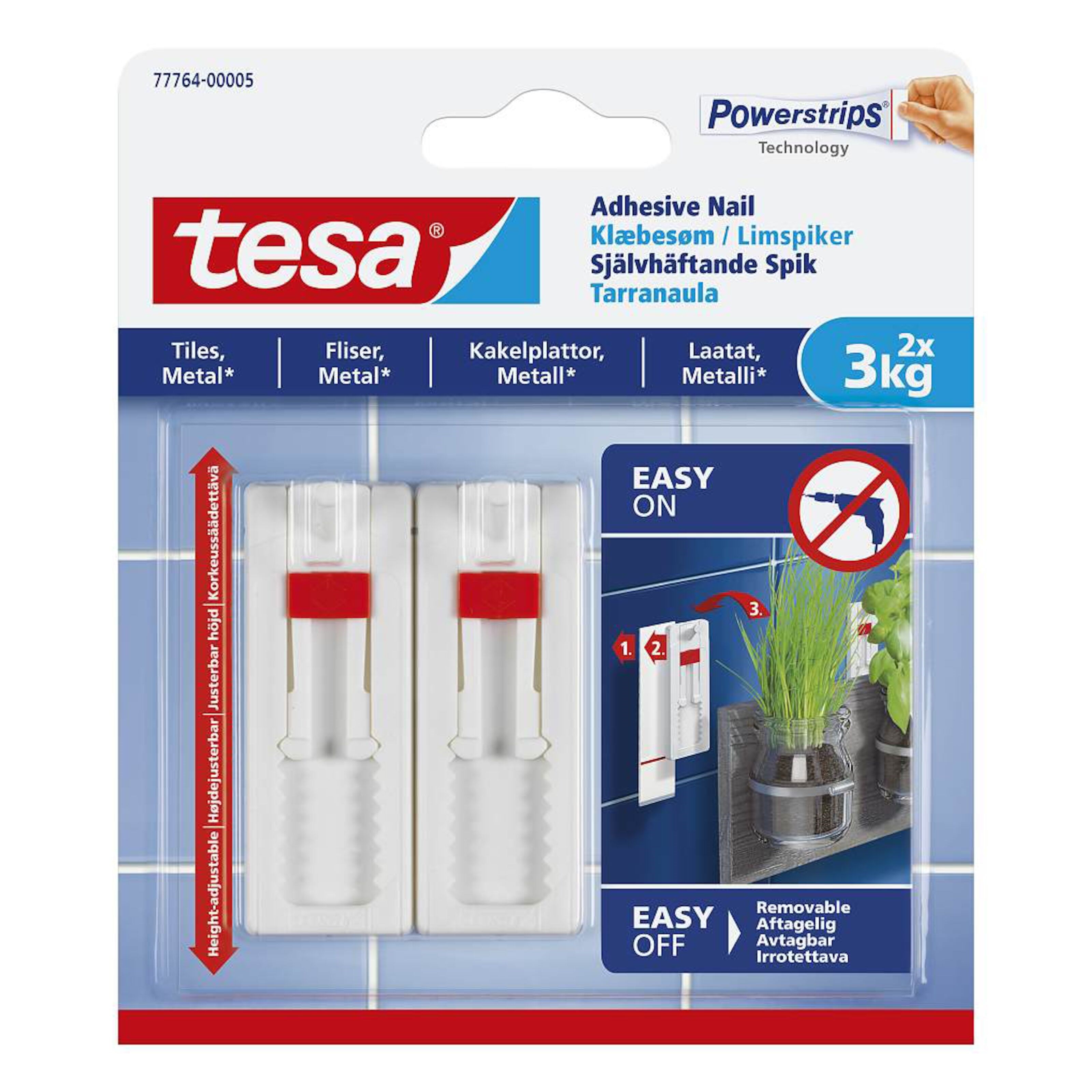 Tesa Justerbar limspiker for kakkel og metall 3 kg 2-pk.