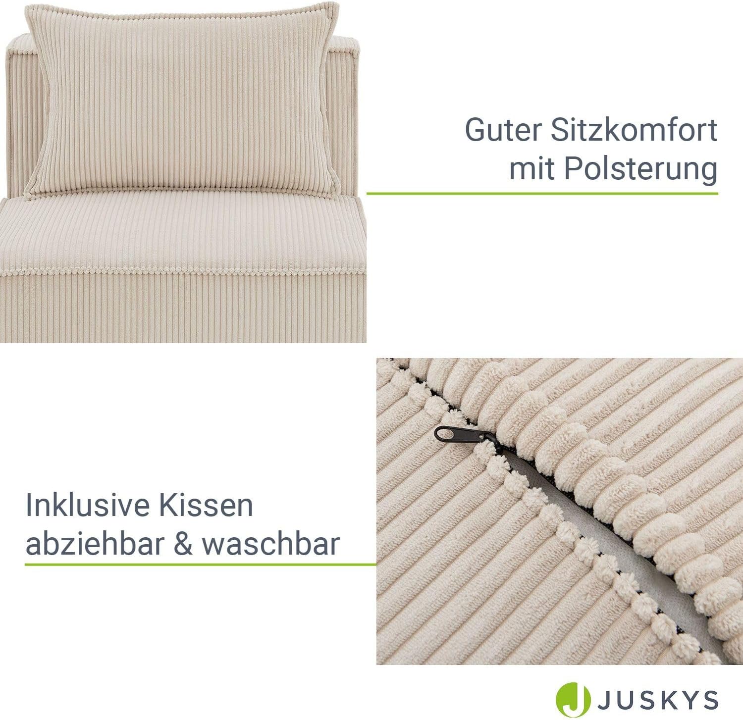 Juskys Mittelsofa Domas - modulares Sofa in Cord Beige - Wohnzimmer Couch mit Kissen - Modulsofa 130 kg belastbar - Sofagarnitur Wohnlandschaft