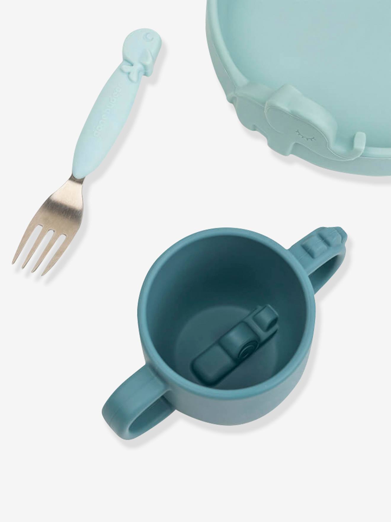 FEITO POR UM VEADO Estojo para alimentos Peekaboo Deer Friends com 3 itens, feito de silicone rosa claro liso com motivos.