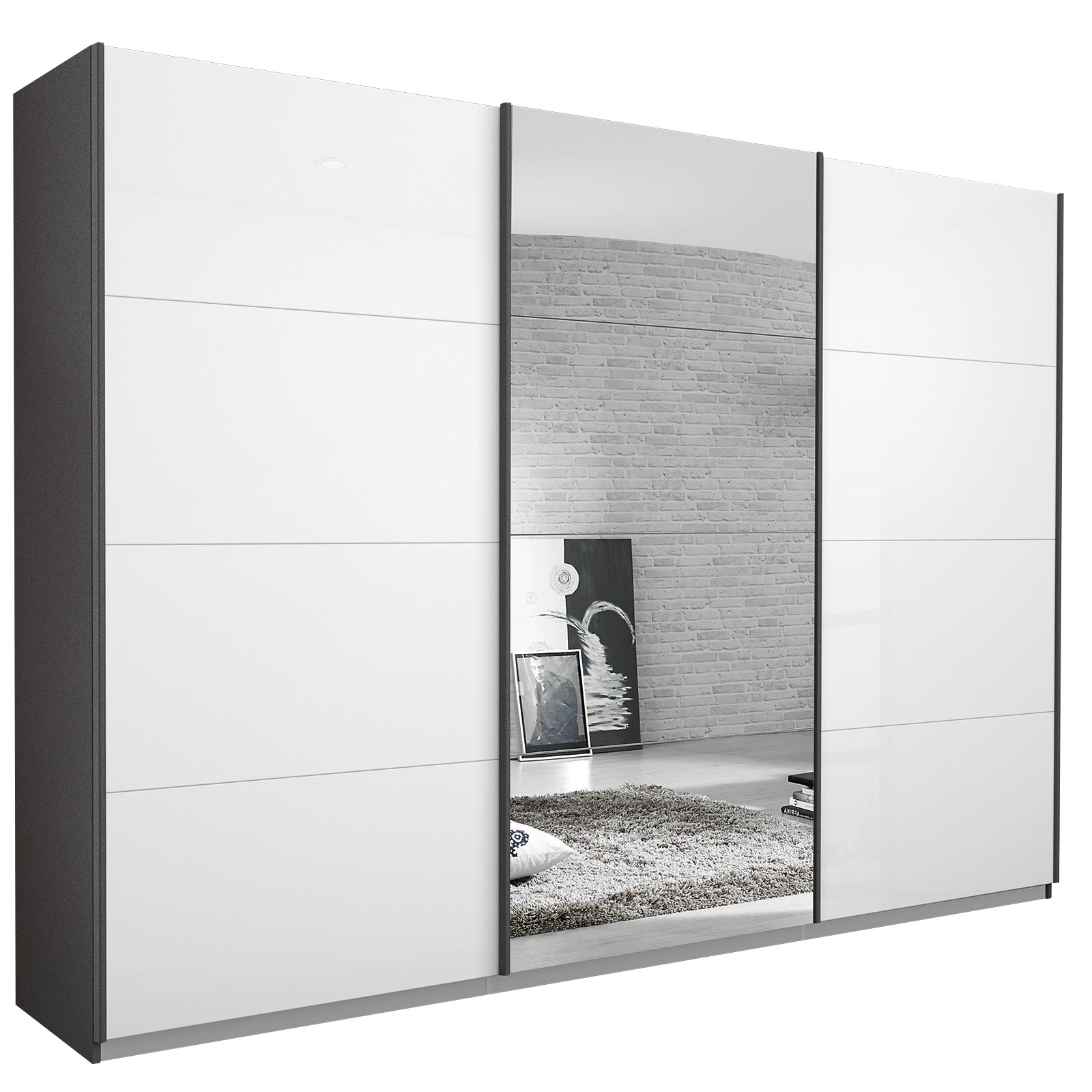 Schwebetürenschrank - weiß Hochglanz - grau metallic - mit Spiegel - 271x210 cm