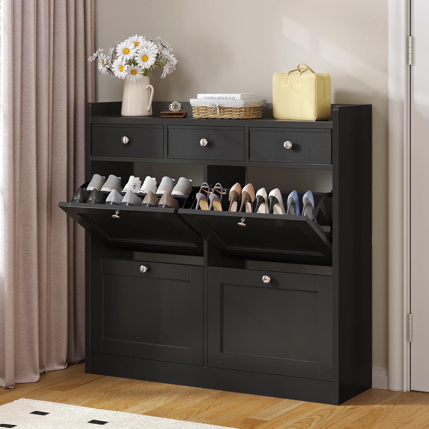 YITAHOME Schuhschrank, Schuhregal Schuhkipper Schmal, Schuhschrank schwarz mit 4 Klappen, Shoe Cabinet Schuhkommode schuhschrank mit Schublade für Eingangsbereich, Flur (schwarz)