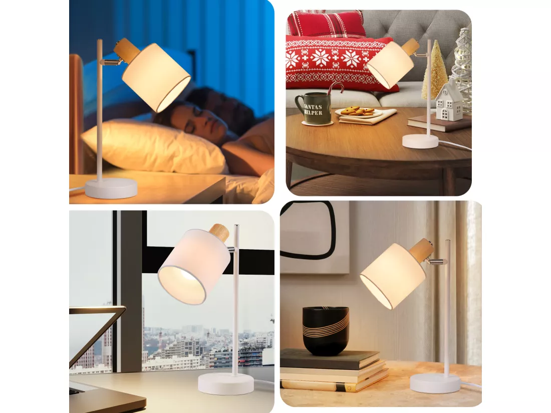 NETTLIFE Lampe de chevet bois vintage 35.5cm E14 Lampe de table blanc Abat-jour tissu avec interrupteur Orientable sans ampoule