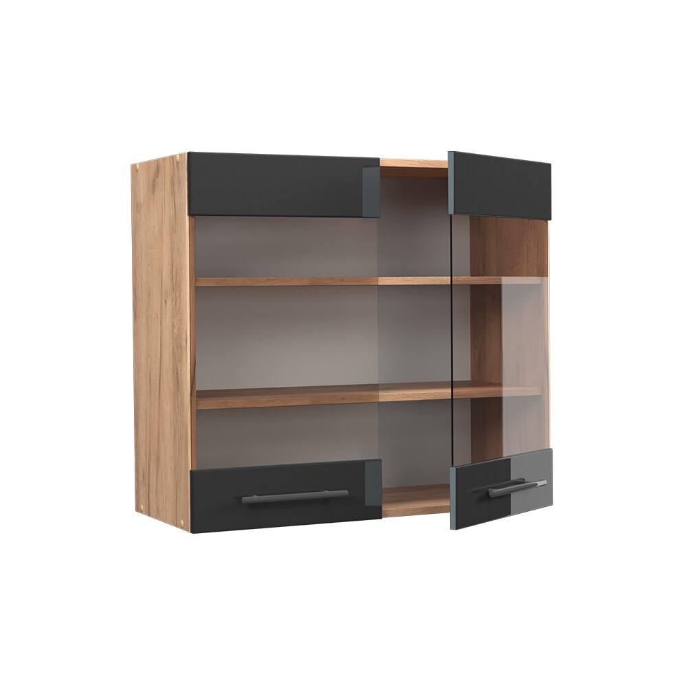 Vicco Hängeglasschrank Küchenschrank Küchenmöbel Fame-Line Eiche Anthrazit modern 80 cm Küche Einbauküche Hängeschrank Glasschrank Drehtür Einlegeboden Küchenzeile Hochglanz