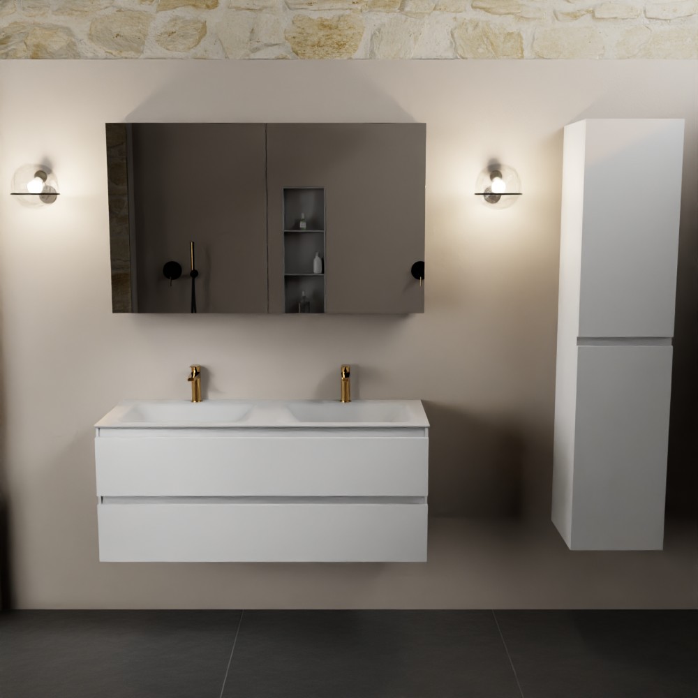 Mondiaz Aivy badmeubel 120cm talc met wastafel solid surface talc dubbel 2 kraangaten en spiegelkast