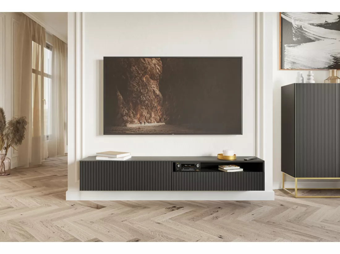 Meuble TV - 175 cm - suspendue avec niche - noir - VELDIO