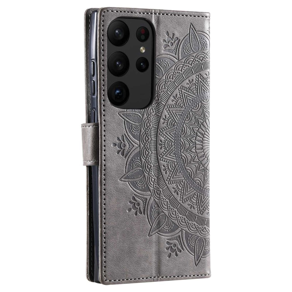 Samsung Galaxy S23 Ultra 5G Leder Tasche Wallet - Mandala Flowers Imprint - Grau