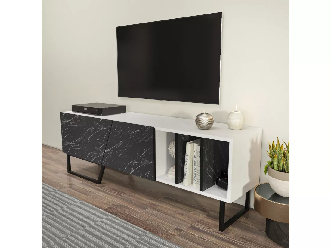 Meuble TV Linossa, niches et armoires, pied en métal (Blanc et Effet marbre noir)