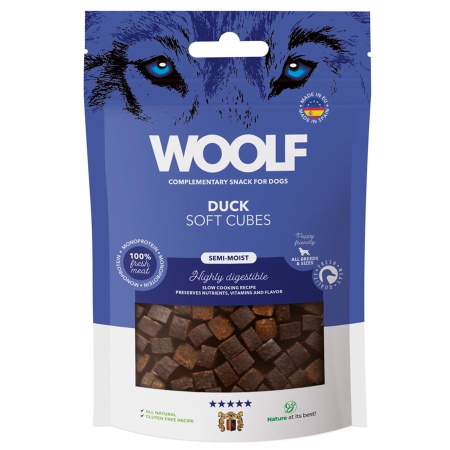 Woolf Soft Cubes Duck 100g<br>Naturlig og proteinrik! Zip-lås pose