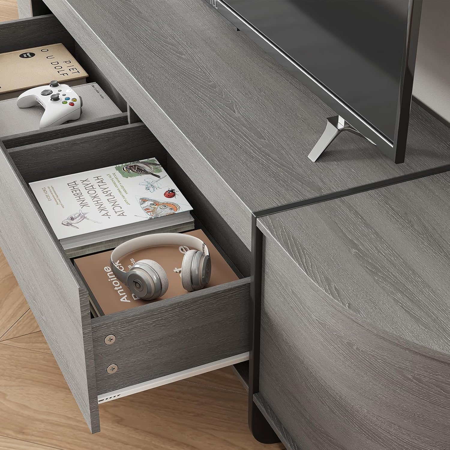 180 cm TV-Schrank für 50-70 Zoll, Langer Fernsehtisch mit Schubladen, Modernes TV-Lowboard mit großem Stauraum, Medienregal mit abgerundeten Kanten für Wohnzimmer & Schlafzimmer (Grau)
