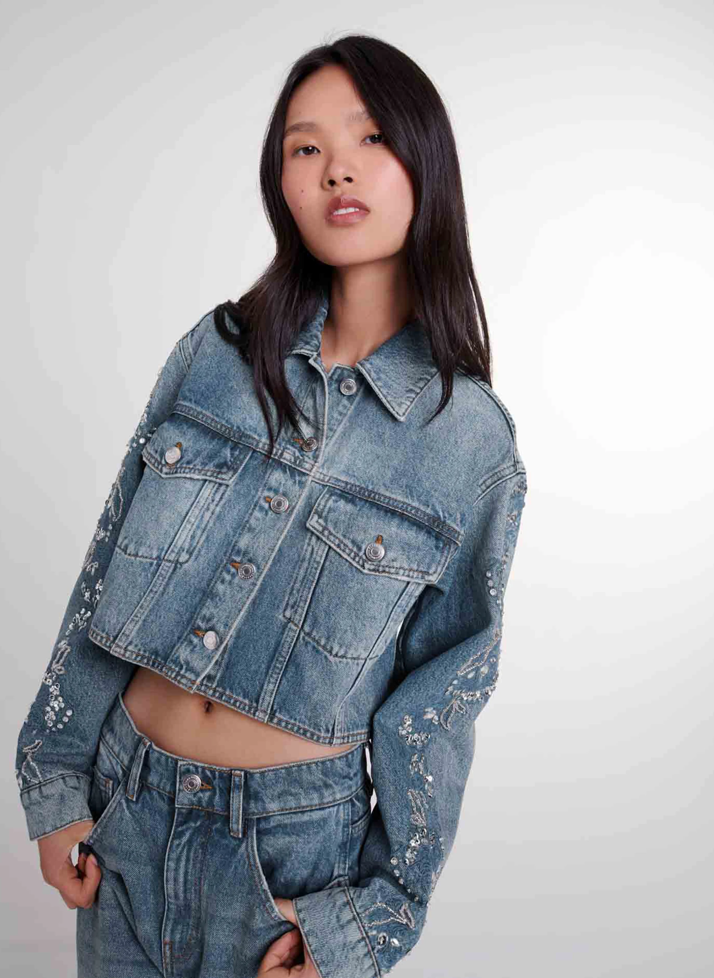 Veste en jean courte droite en coton | Bleu