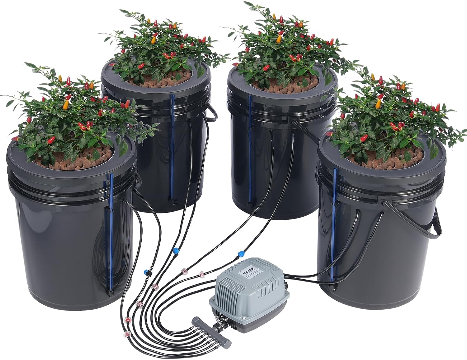 VEVOR DWC Hydrokultur-Anbausystem, Hydrokultur Anzuchtsysteme mit Topf-Tropfkit, Tiefwasserkultur 4X 20L-Eimer, mit Luftpumpe, Luftsteinen und Wasserstandsanzeige für Blattgemüse