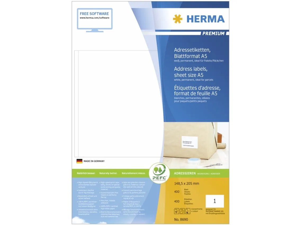 HERMA Premium - Papir - mat - permanent selvklæbende - hvid - 148.5 x 205 mm 400 etikette(r) laminerede adressemærkater