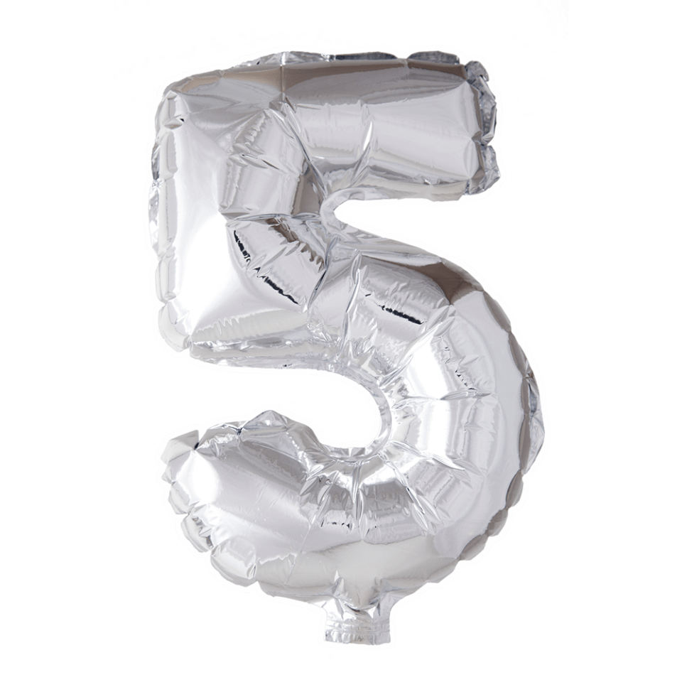 Folie Ballon Cijfer 5 Zilver 41cm met Rietje