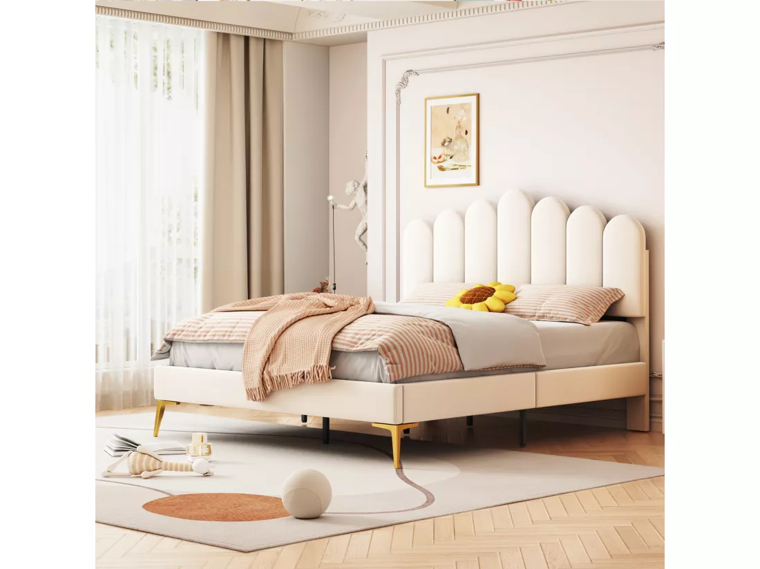 Lit double rembourré en velours - 140x200cm - tête de lit en forme de fleur - avec sommier à lattes - Beige
