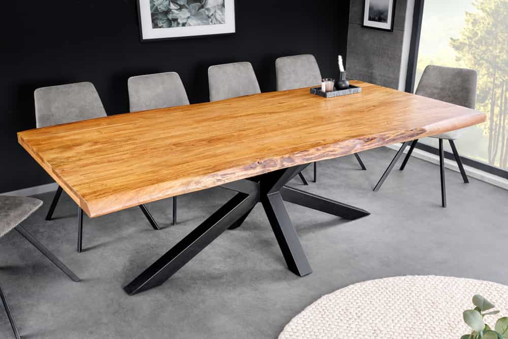 Massivholz Esstisch MAMMUT 200cm Akazie schwarz Metall Baumkante 5cm Tischplatte